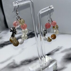 Chic Beaded Cross Earrings in Pink and Gold